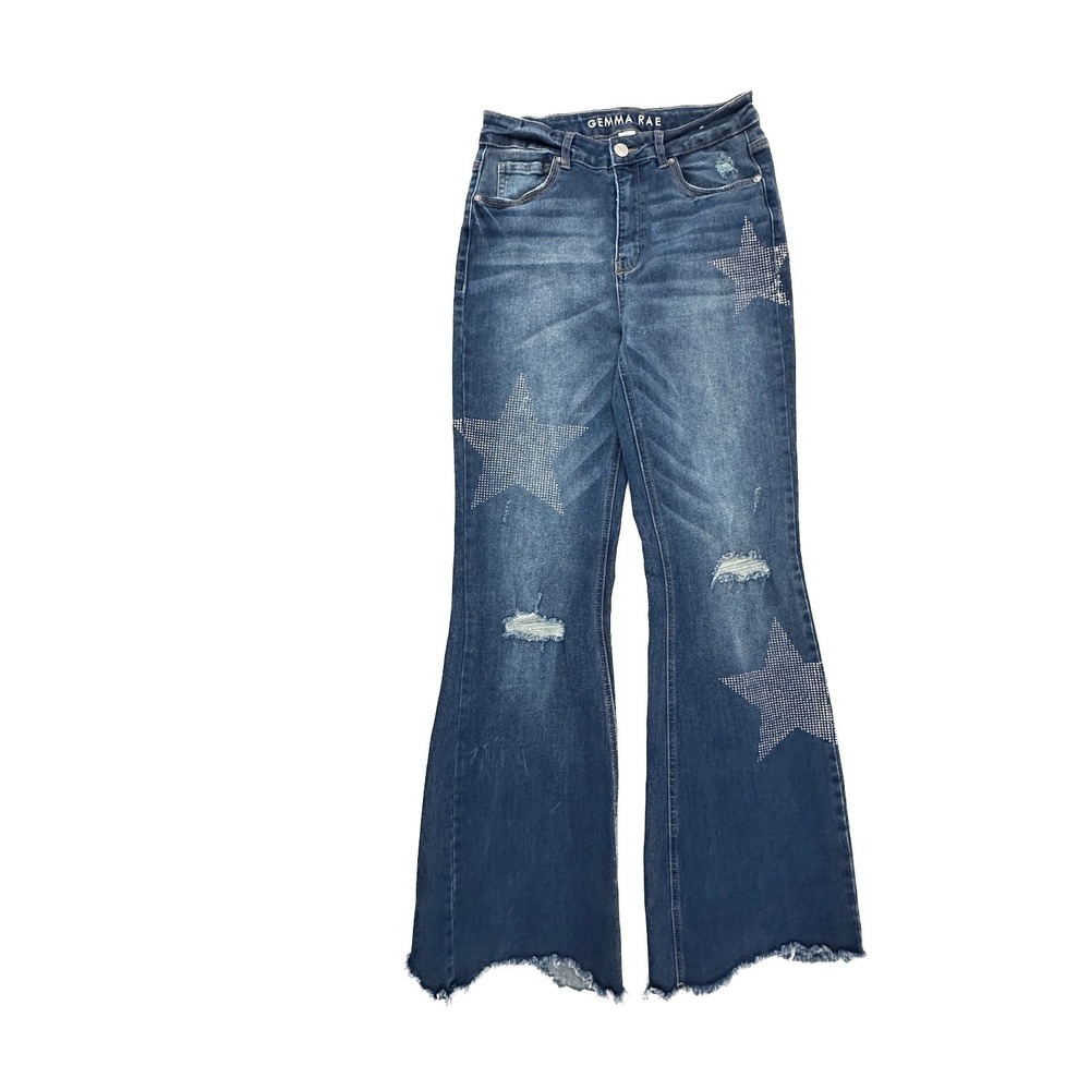 Gemma Rae Distressed Raw Hem Flare Star‎ Detail Women's size 9 Dark Blue Jeans